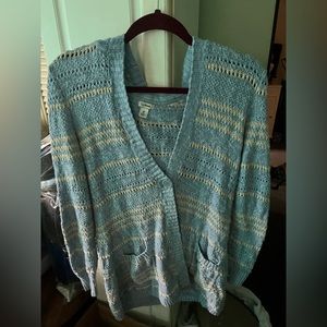 LL bean cardigan  sweater with hood color is baby blue and light yellow